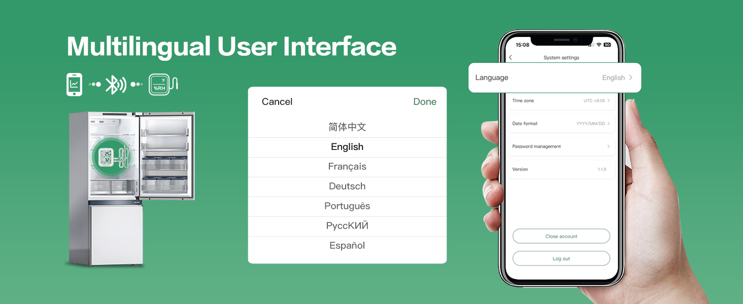 Multilingual user interface showcased on smartphone, tablet, and appliance displays. Icons represent language options and device compatibility for a versatile digital product.