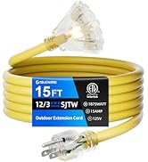 islewire 15 FT Outdoor Extension Cord with Multiple Outlets, 12 Gauge Heavy Duty Yellow Extension...