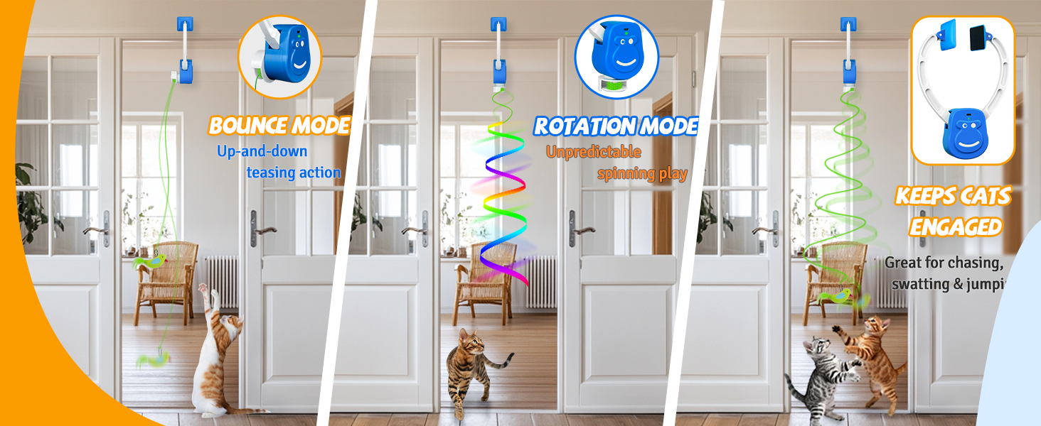 Door frame cat toy with bounce and rotation modes for indoor cats