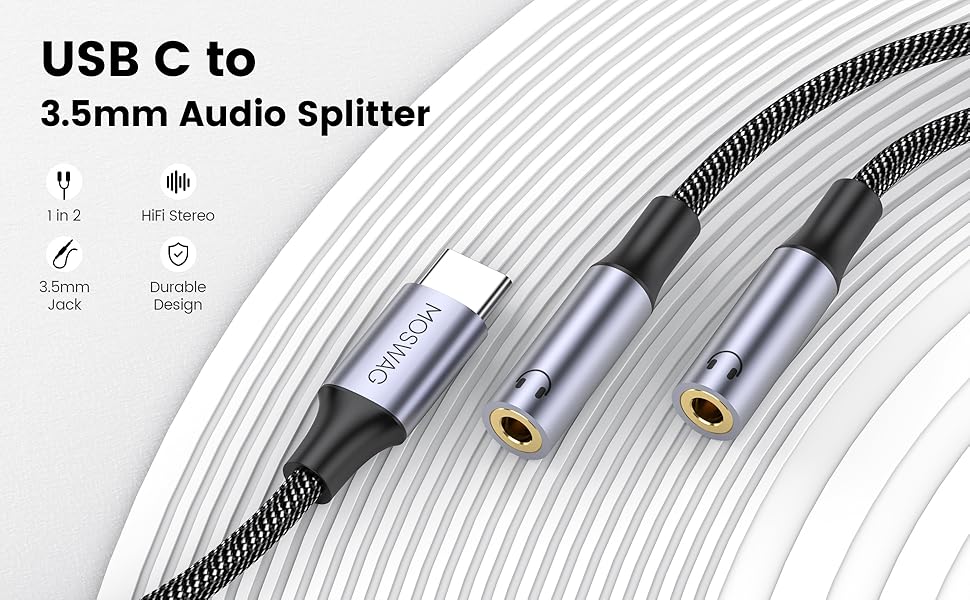 USB C to 3.5mm Aux Audio Headphone Splitter