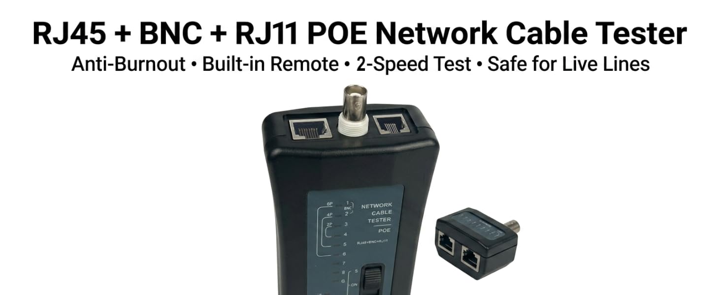 3-in-1 RJ45/BNC/RJ11 POE Cable Tester with Detachable Remote &amp;amp; Anti-Burnout Protection