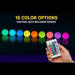 Sixteen color-changing inflatable LED pool lights shown with remote control