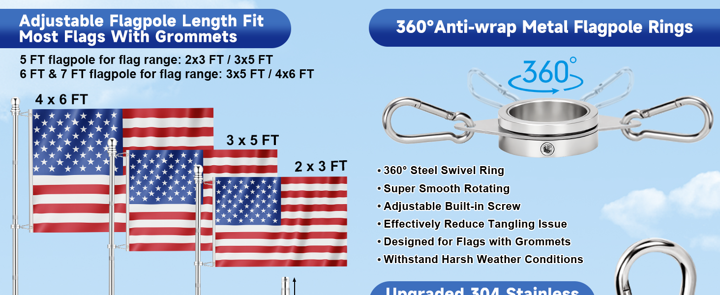 360° Rotating Silver Metal Flagpole Rings