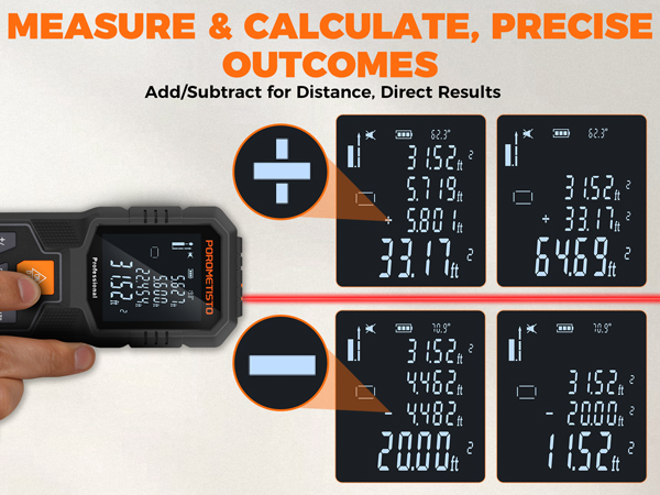 Text reads 'MEASURE &amp; CALCULATE, PRECISE OUTCOMES' and 'Add/Subtract for Distance, Direct Results'. Digital measurement device display showing multiple numerical readings with plus and minus symbols.