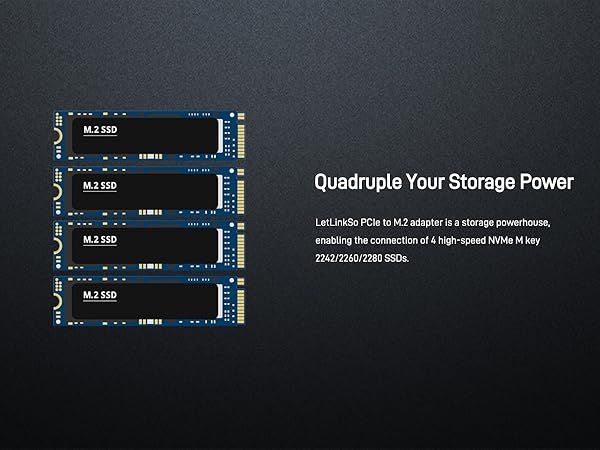 LetLinkSo Gen5 PCIe 5.0 x16 M.2 Expansion Adapter Card 4 Ports NVMe SSDs M Key