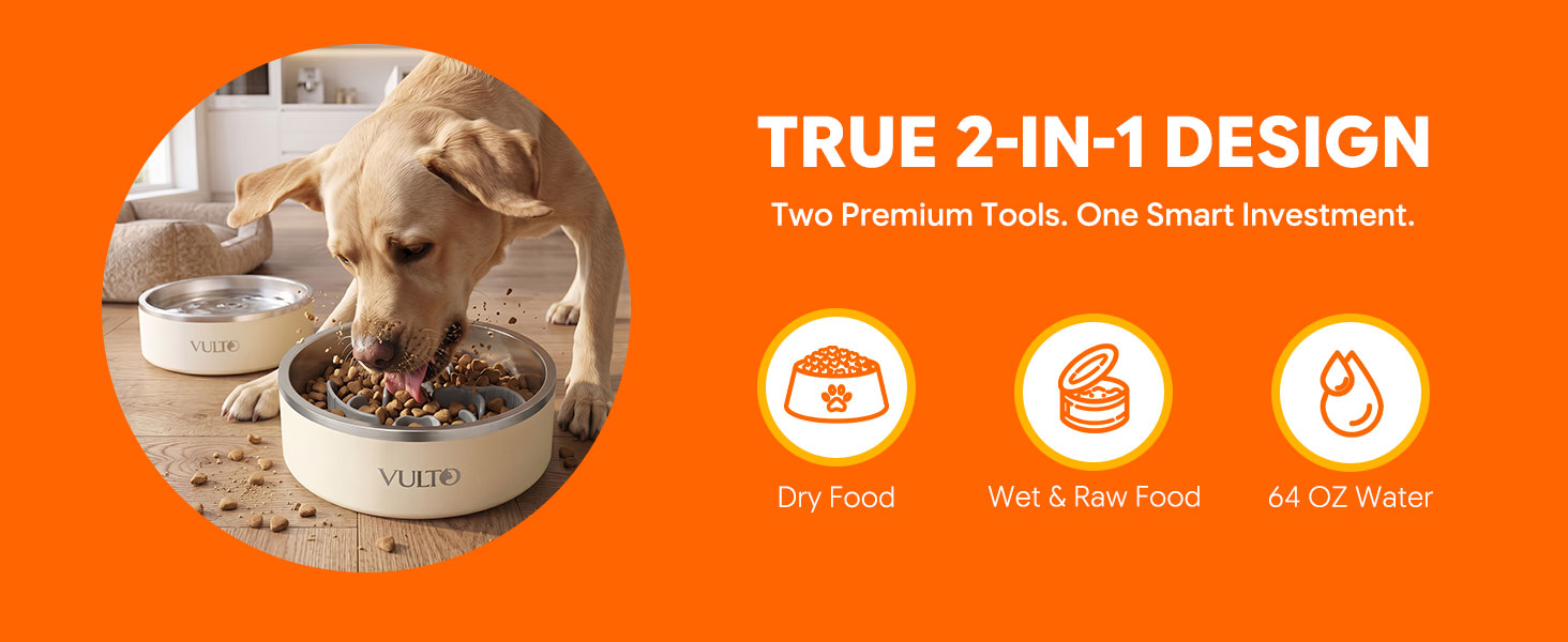 2-in-1 design slow eating bowl and large dog water bowl 64 oz capacity