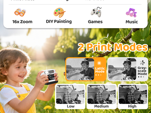 Text reads 'Mix Zoom, DIY Painting, Games, Music' and '2 Filter modes'. Interface showing camera features and filter options with outdoor photography example.