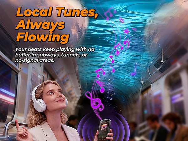 Person listening to music on a MP3 player in a subway, with music notes floating around