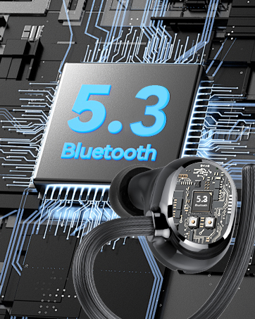 Technical illustration showing Bluetooth 5.3 technology with circuit board, chip, and wireless symbol against dark background.