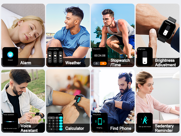Grid of eight smartwatch interface screenshots showing different functions including alarm, weather, stopwatch, brightness, voice assistant, calculator, phone finder, and sedentary reminder.