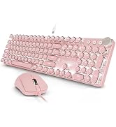 Wired Typewriter Keyboard and Mouse Combo, Low Noise Pink Switch-Pink | White Backlit, Retro Punk...