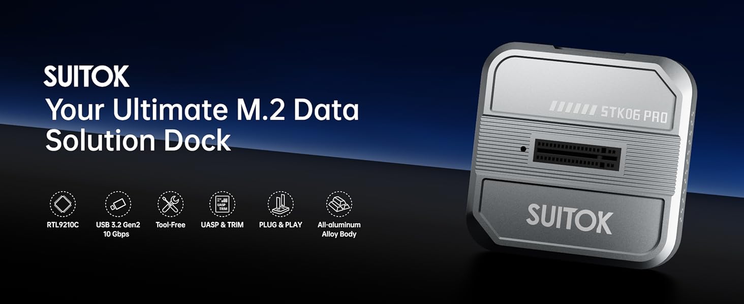 SUITOK M.2 NVMe SATA SSD reader with storage box for 22110 2280 PCIe NGFF drives.