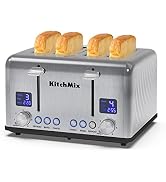 Toaster 4 Slice, KitchMix Bagel Stainless Toaster with LCD Timer, Extra Wide Slots, Dual Screen, ...