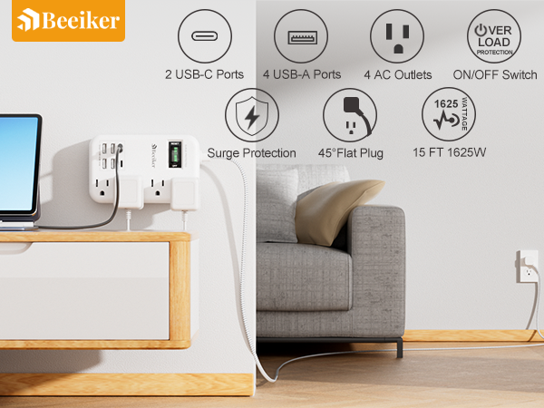 6 USB TRAVEL POWER STRIP WITH 15FT EXTENSION CORD