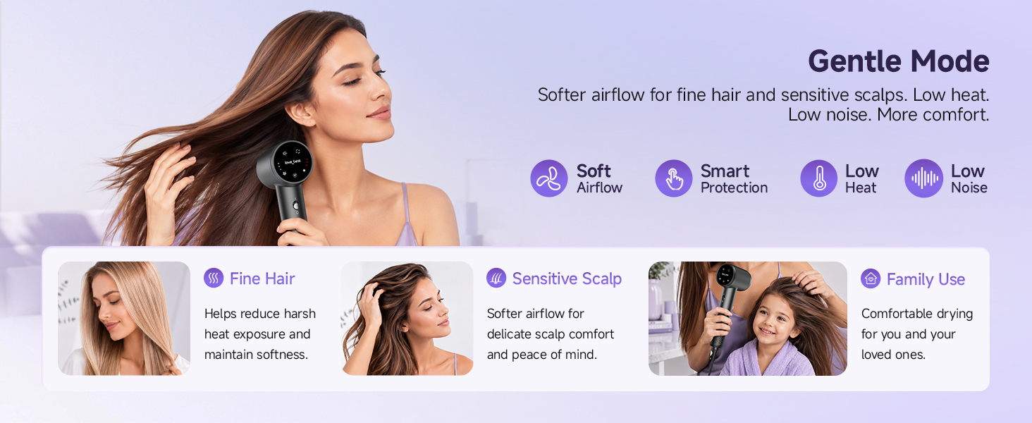 Softer airflow for fine hair and sensitive scalps. Low heat.Low noise. More comfort.