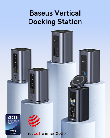 Text reads 'Baseus Vertical Docking Station'. Multiple black cylindrical charging docks displayed at different heights with award badges visible including 'Red Dot Design 2023'.