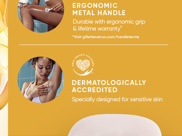 Venus MoistureGlide with 5 blades for long-lasting shave, with a new shower handle design