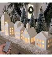 Christmas Decorations - Village Sets of 5 Lighted Ceramic Houses &amp; 9 Trees | Remote Control, Whit...