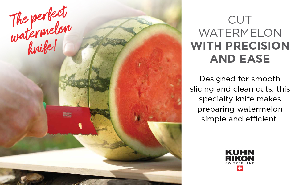 Watermelon knife slicing through a whole watermelon with serrated blade for clean and controlled cut