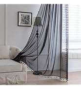 Erbnaryx Black Sheer Curtains 84 inch Long, Fringed Edges and Textured Semi Sheer Curtains Large ...