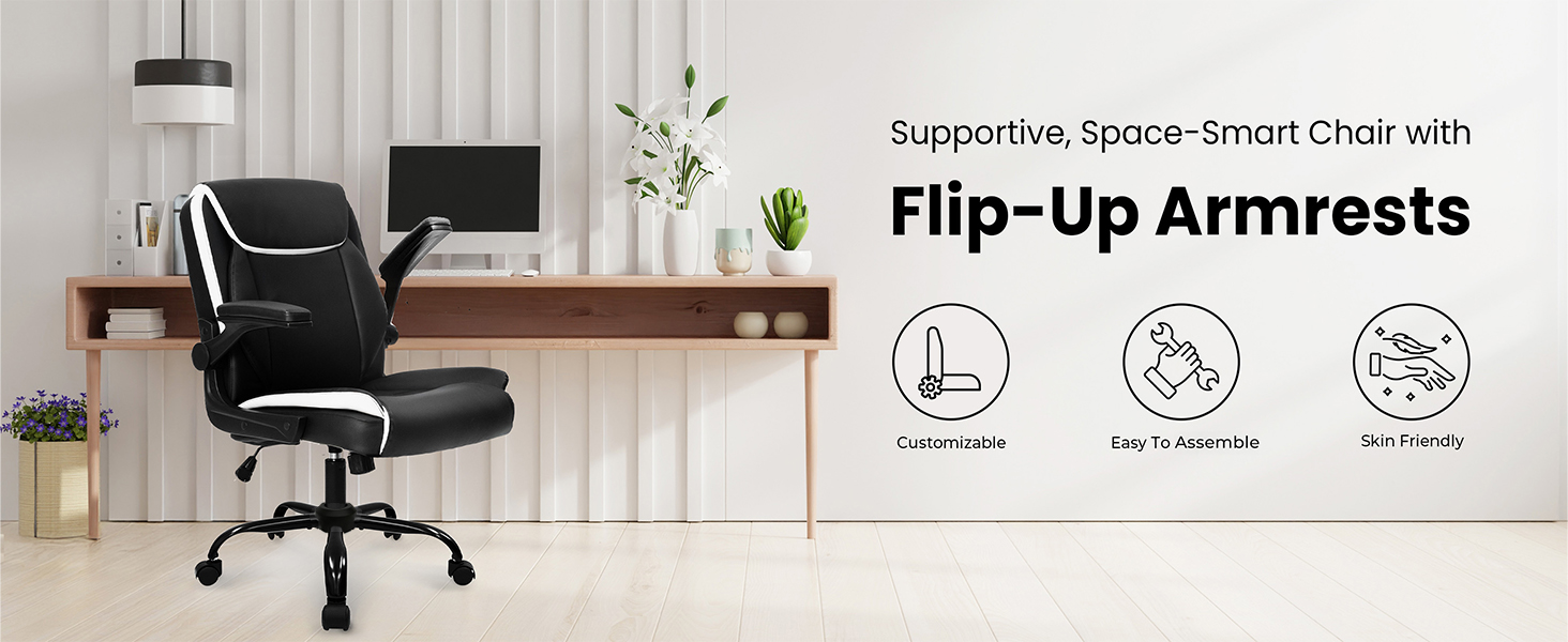 Supportive office chair with padded flip-up armrests