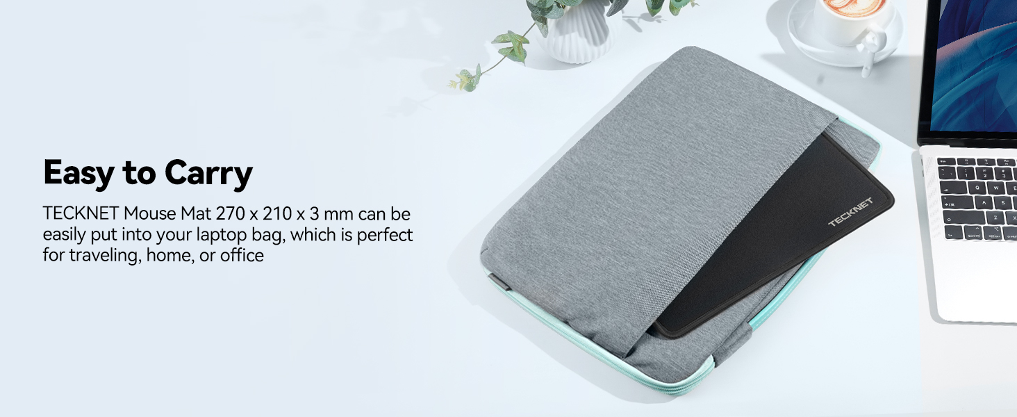 Slim gray laptop sleeve on a desk next to a computer. Text indicates it's compact and suitable for travel, measuring 270 x 210 x 3 mm.