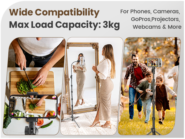 Maximum Load 3kg, Compatible with Smartphones, DSLR Cameras, GoPro, Mini Projectors, and More