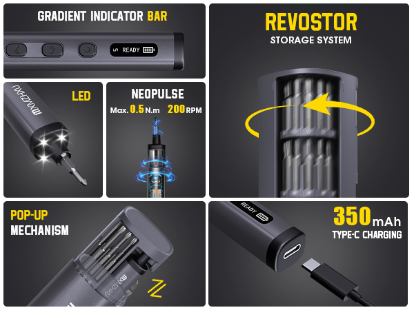 Text reads 'RETUSTOR STORAGE SYSTEM', 'LED', 'NEOPULSE', 'POP-UP', 'TYPE C CHARGING', 'MECHANISM'. Technical product diagram showing LED lighting and charging features.
