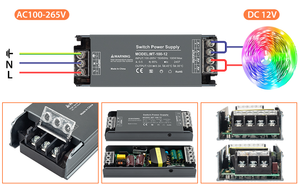 LED strip light power supply unit with AC100-265V input, DC12V output, showing multiple connection terminals and internal component views.