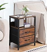 Yoobure Nightstand with Charging Station, Small Night Stand with Fabric Drawers and Storage Shelf...