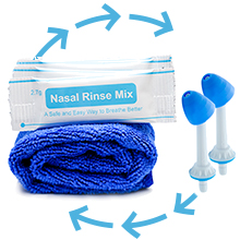 Our nasal irrigation kit includes saline packets and a soft towel to help you cleanse at home.