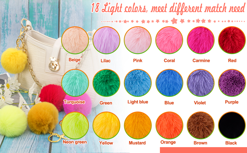 18 different colors fluffy pom poms keychain,adequate for you to replace or share with your friends