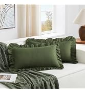 KKJIAF Olive Green Lumbar Pillow Covers 12x20 Inch Set of 2, Microfiber Ruffled Pillow Shams, Ruf...