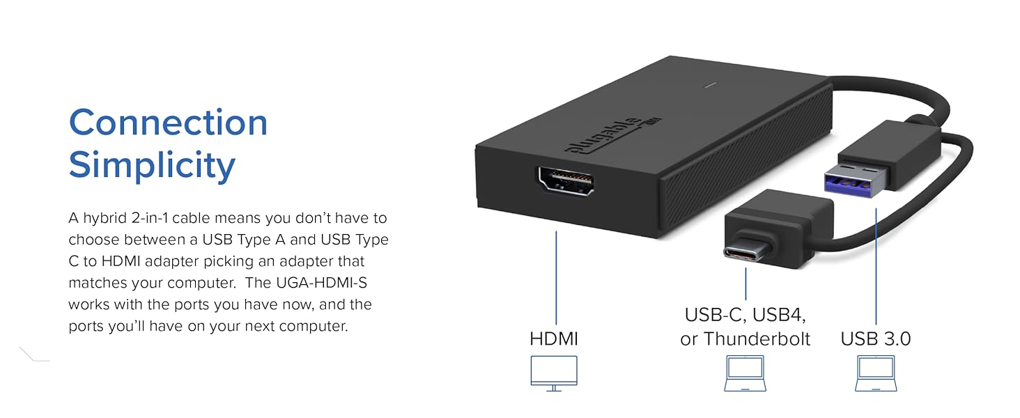 Connection Simplicity a hyrbid 2-in1 USB A and USB C to HDMI Adapter