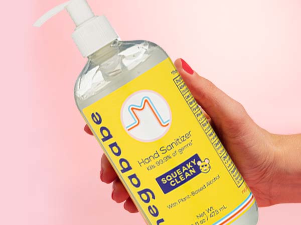16 oz hand sanitizer on pink background.