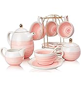 SWEEJAR Porcelain Tea Sets,8 oz Cups and Saucer Teaspoon Set of 4, with Teapot Sugar Bowl Cream P...