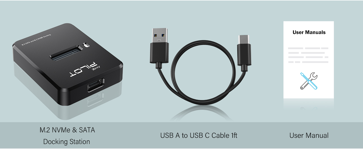 What you get: M.2 NVMe SATA to USB C docking station with USB A to C cable and user manual.