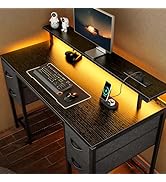 Huuger 47 inch Computer Desk with 4 Drawers, Gaming Desk with LED Lights &amp; Power Outlets, Home Of...