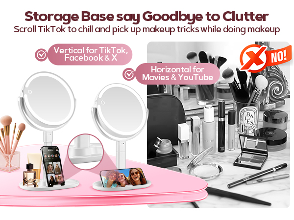 Storage base say goodbye to clutter Make Up Mirrors Stand Up Double Side Travel Mirror with Lights