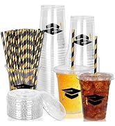 Whaline 50Pcs 12Oz Graduation Disposable Plastic Cups with Lids and Straws Black Graduation Cap C...