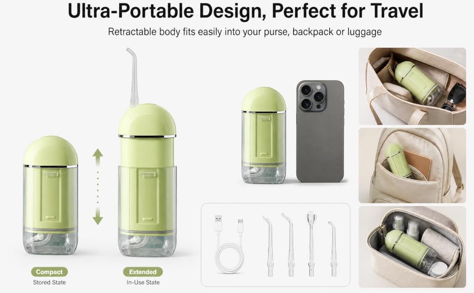 Retractable travel water flosser size comparison, fits in purse backpack for on-the-go cleaning