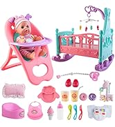 deAO Baby Doll Set with Crib Mobile High Chair Stroller Feeding Accessories 20 Pieces Play Set (B...