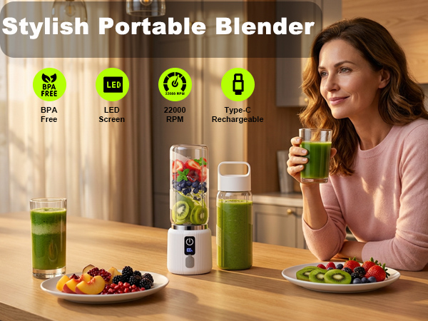 Text reads 'Stylish Portable Blender' with icons showing 'BPA free', 'LED indicator', '320W power', 'Type-C charging'. Woman holding green smoothie drink beside portable blender with fruits and smoothie glasses on table.