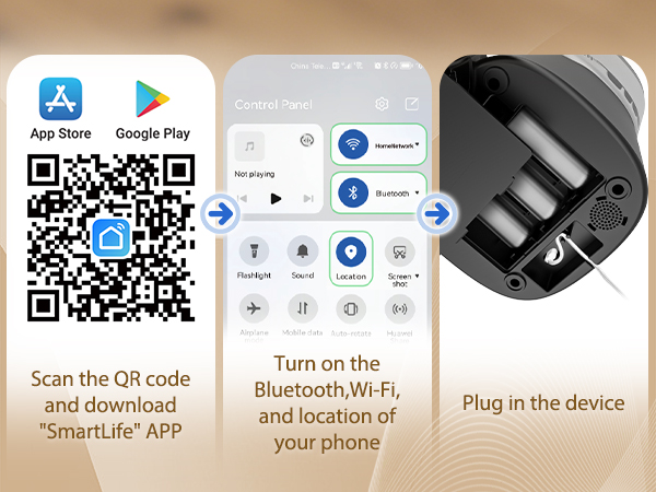Text reads "Scan the QR code and download the SmartLink APP", "Turn on the Bluetooth, Wi-Fi and connect to your phone", "Plug in the device". Tan background showing Bluetooth speaker setup instructions with QR code and device images.