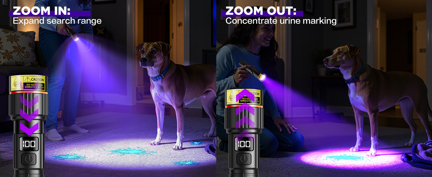 Adjustable focus, astigmatism to find dog urine, focus to mark dog urine