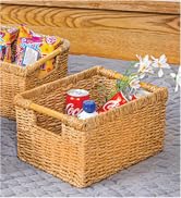 Large Wicker Basket Rectangular with Wooden Handles for Shelves, Seagrass Basket Storage, Natural...