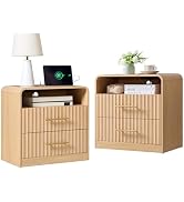 Fluted Nightstand Set of 2 with Charging Station, 24" Modern Bedside Table with Metal Handle, Dra...