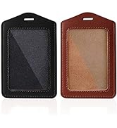 Larpur Pack of 2 Genuine Leather Badge Holders, Vertical ID Card Holders with 1 Clear ID Window