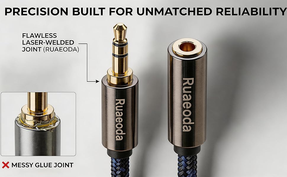 durable aux extension cable laser welded 3.5mm jack threaded connection no static audio cord