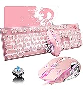Pink Typewriter Keyboard and Mouse,Retro Vintage Mechanical Gaming Keyboard with White LED Backli...